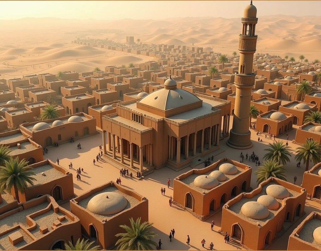 Aerial view of Madinah circa 650 CE, showing the expanded Prophet's Mosque with its palm trunk columns, surrounded by simple one-story mud-brick houses and narrow unpaved streets