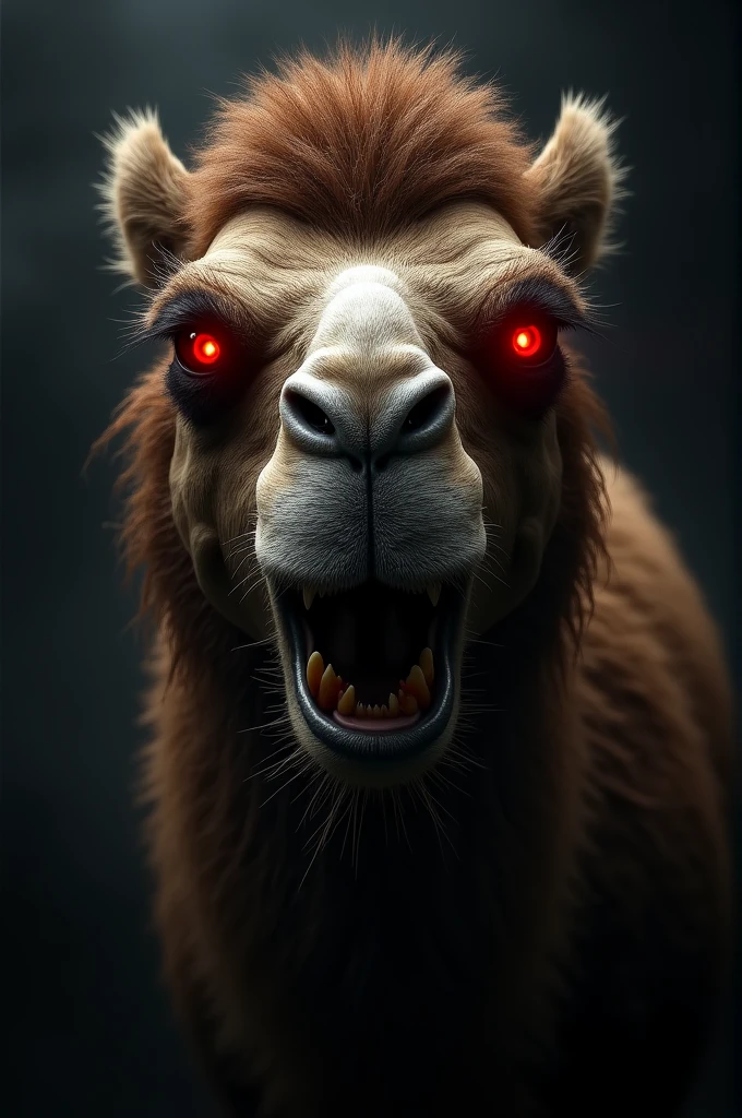 Camel angry with red eyes and black background and realistic