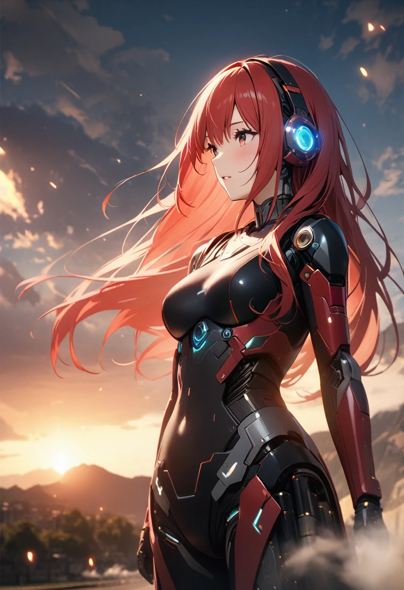 (Highest quality、4K、8k、High resolution、masterpiece:1.2)、Very detailed、Picturesque、Animated Photography、Photo Animation:1.37)、(((Steam Cyborg)))、Steam Cyborg、women、red hair、long hair、stars ornament、Nakano May