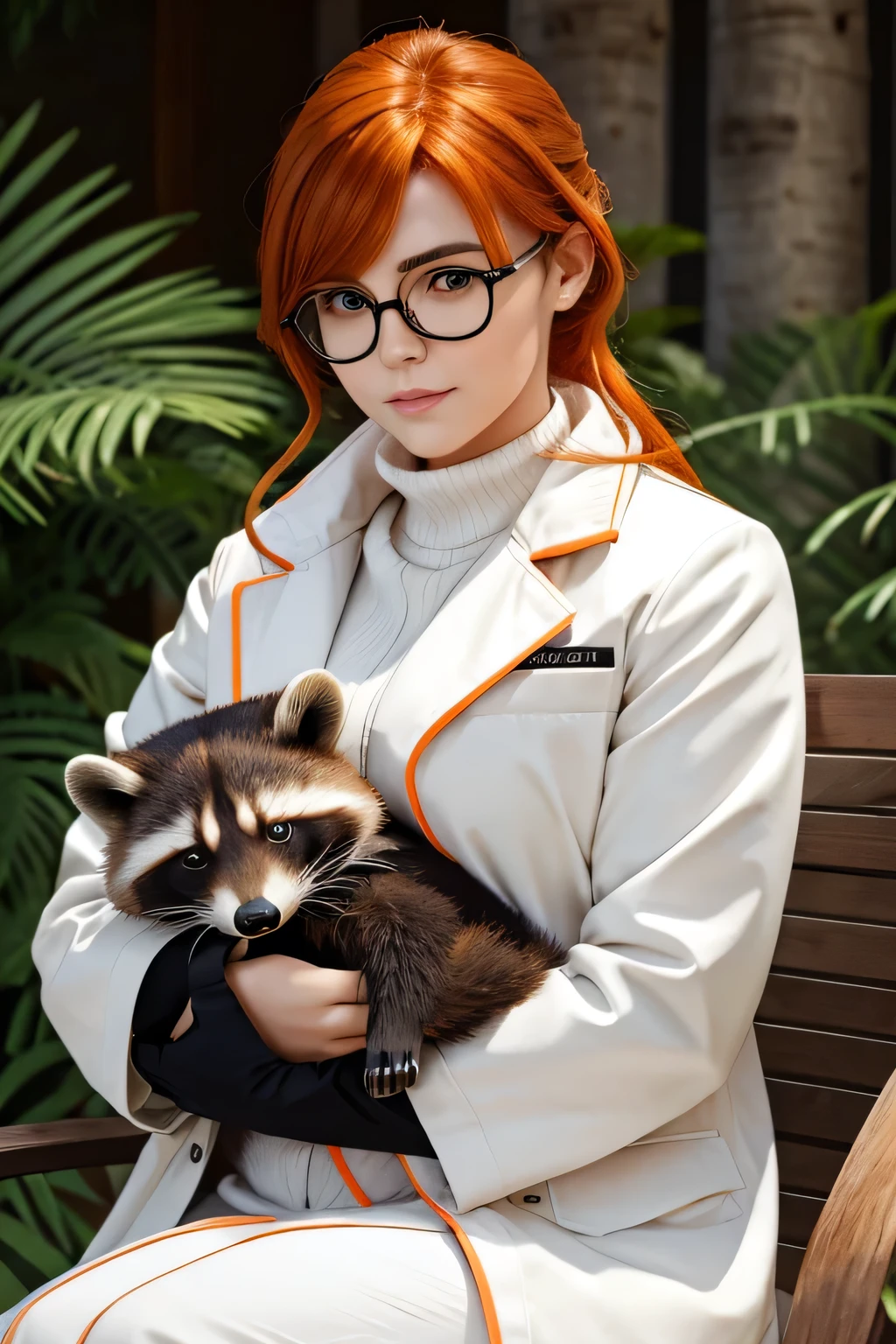 woman in white coat with greenish eyes wearing round black glasses, medium orange hair, full cheeks, and holding a realistic raccoon on her lap