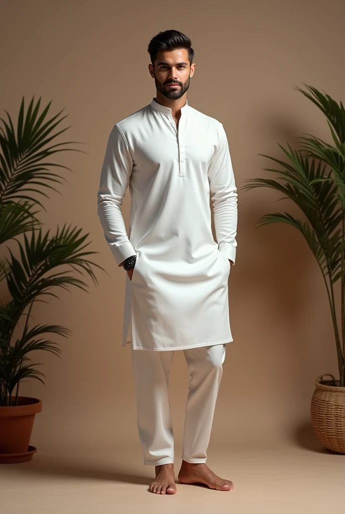 Aesthetic studio full background and a handsome slim Sexy guy is standing after that background wearing white kurta pajama with nice hairstyle from close realistic
