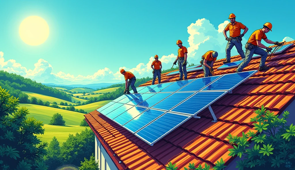 (Comic Book) A picture showing solar panels, of sunny landscapes, and teams of installers in action.
