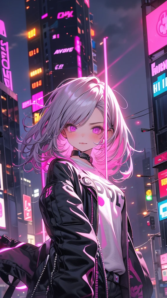 cowboy shot, building,night, cyberpunk city, pink,neon lights,neon, fog,artistic ,cinematic, girl,young adult,silver hair,claw pose,cute,glaring,High angle