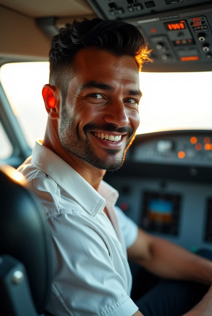 (photorealism:1.2), handsome tanned man, black hair, short beard, smiling, sexy brazilian, slim, , Photorealistic, 8k, highly detailed, cinematic lighting, vivid colors, in airbus cockpit, white pilot shirt and black pants