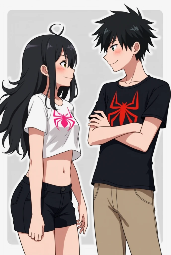 The image you shared shows two animated characters, both with a youthful appearance and an anime style. 

The character on the left is a girl with long black hair, dressed in a white t-shirt, with the pink spiderman spider logo, revealing part of his abdomen. besides, He is wearing black shorts. His expression is playful or confident, as she appears to be smiling slightly and looking at the male character.

The character on the right is a boy with short black hair. He is wearing a black short-sleeved T-shirt, It has the Spiderman spider logo on the chest in red, beige long pants. He is smiling and has his arms crossed, suggesting a relaxed and perhaps slightly defiant attitude as he looks at the girl.

The background of the image is simple, with grey and black tones, which makes the characters stand out more.