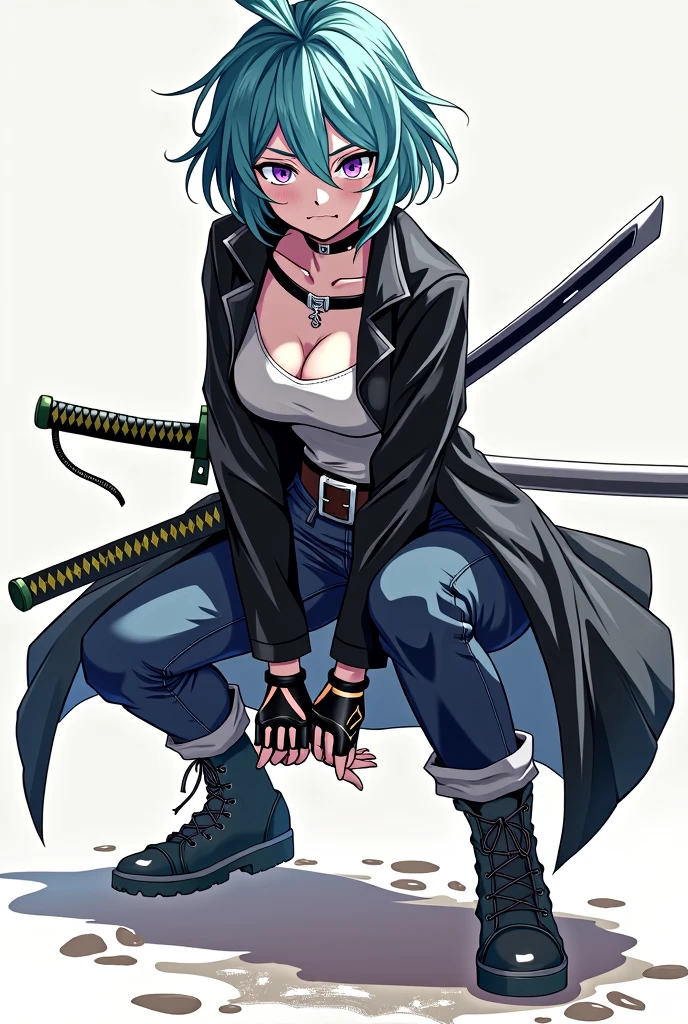 ultra detaild, Artwork, best quality, standing alone, smug smile,
1 girl, purples eyes, (Short cyan hair, with highlights, shorth hair, tied up hair, medium breasts,
coat on shoulders, pantss jeans, rolled up sleeves, gloves fingerless, combat boots, pants, black overcoat, 2 Katanas: (1 in hand, another kept at the waist) crouching battle stance, movement with the katana