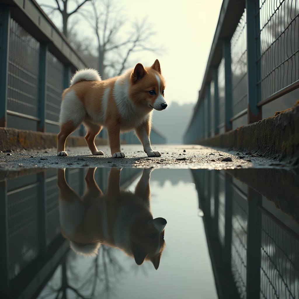 A dog, standing on a bridge, looking down at its reflection in the water, mistaking it for another dog. Hyper realistic ultra hd