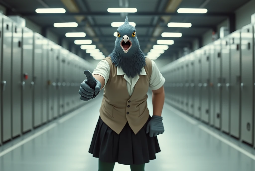((Highest quality)), ((masterpiece)), (Pointing his finger towards me), ((birds-eye view)), (wide shot), (Very large warehouse), 怒りの表情で口を開けたGray female pigeonがオフホワイトで襟付きのshort-sleeved shirtに薄茶色のベストを着てひざ丈の黒いスカートに濃い緑の靴下と黒の靴を履いて、とてもたくさんの最新の冷蔵庫に囲まれながらPointing his finger towards me, (Gray female pigeon), (short-sleeved shirt), Photorealistic images。