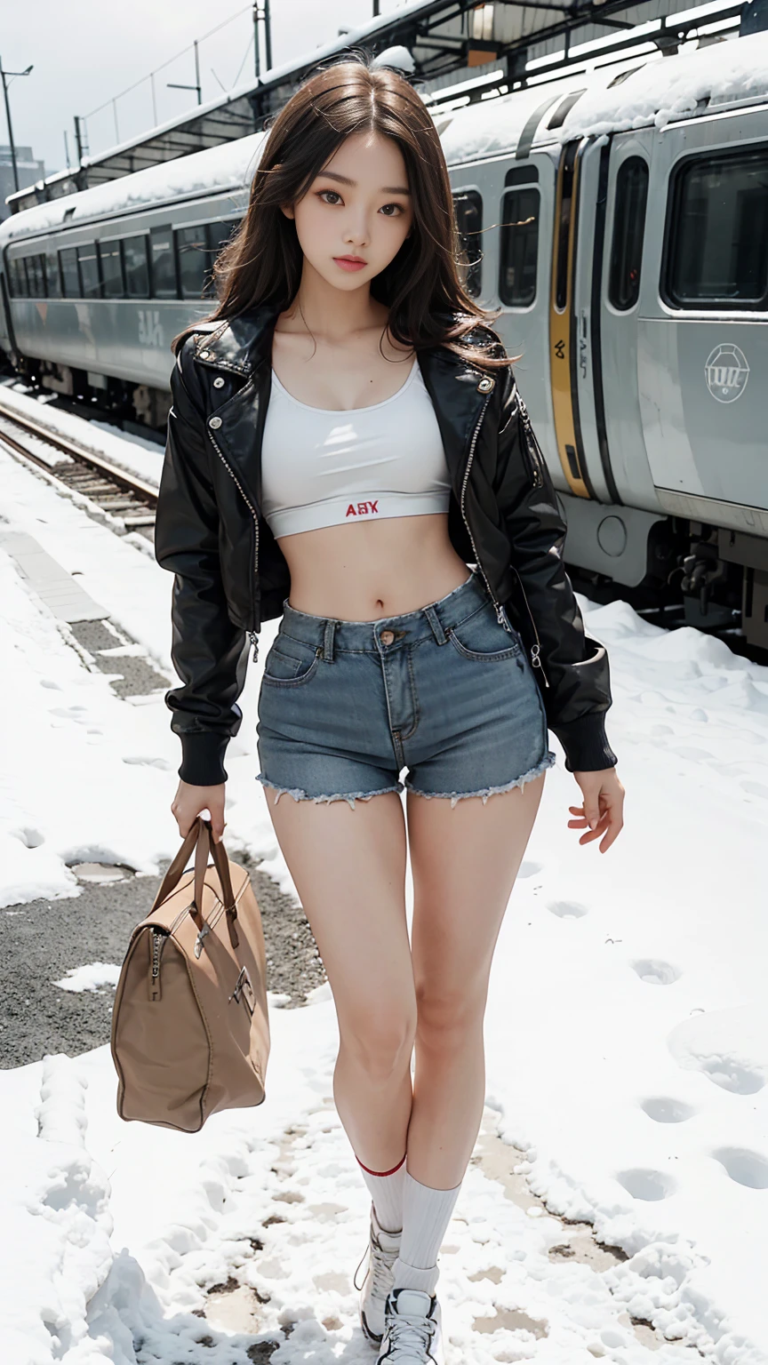 a junior high girl,skinny,long hair,very slim,wearing jacket,sports,bra,bare the waist,very thin waist,wearing short pants,baring the whole legs,white short socks,sport shoes,in the snow,beside a train