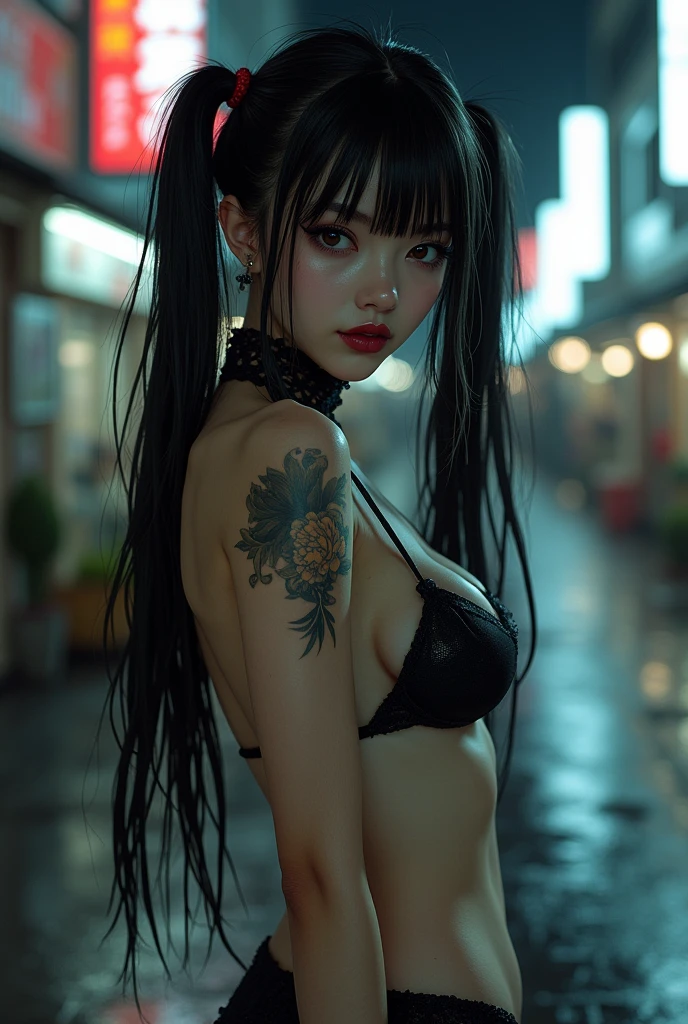 Pale white skinned Japanese goth girl, long dark hair in pigtails with copper highlights, wearing wet black thong bikini, flat stomach, flat chest, shoulder tattoo, angelic Japanese beauty, very realistic, street scene at night, face on to camera, stunningly beautiful Japanese babe, gothic babe, dark lipstick, dark eyes make up, seductive pose