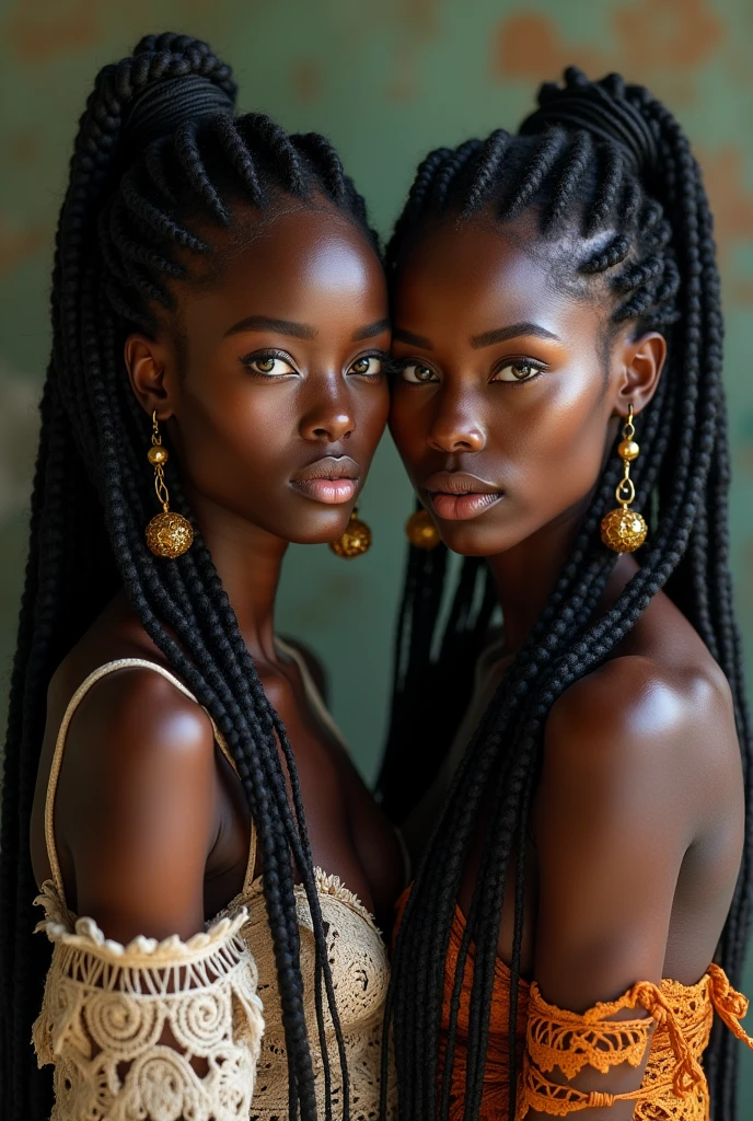 Really dark skinned 
Only one 
2 woman
Really dark skin 
Really dark skin 
Green eyes
Long hair with lots of African three hundred
Using a torn piece of cloth to cover her breasts