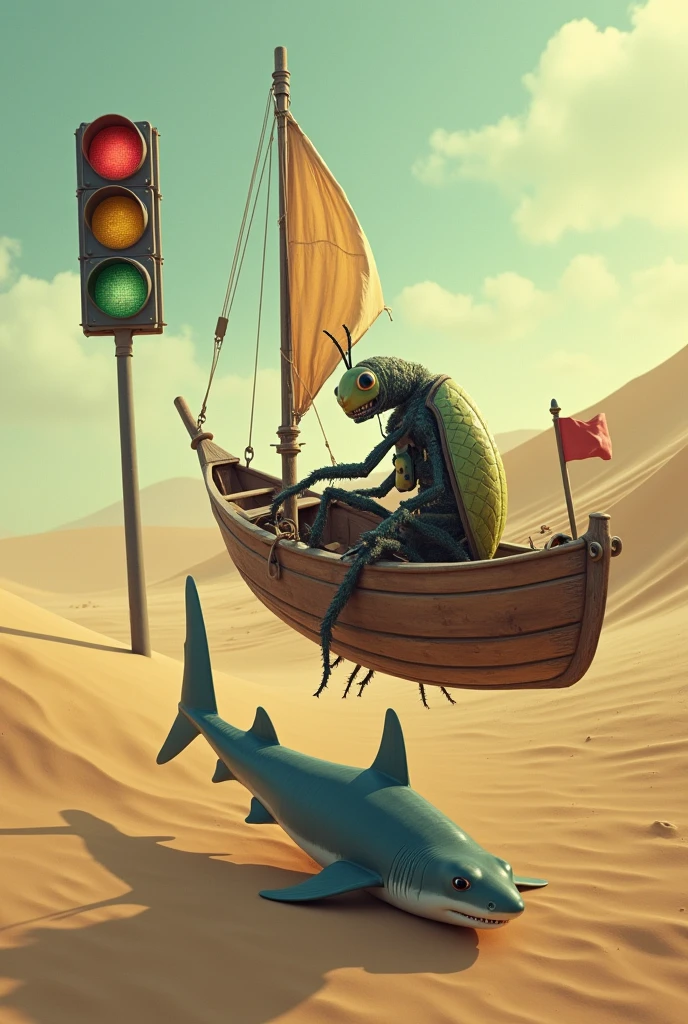 An insect that drove a boat in the desert on top of a traffic light over a shark 