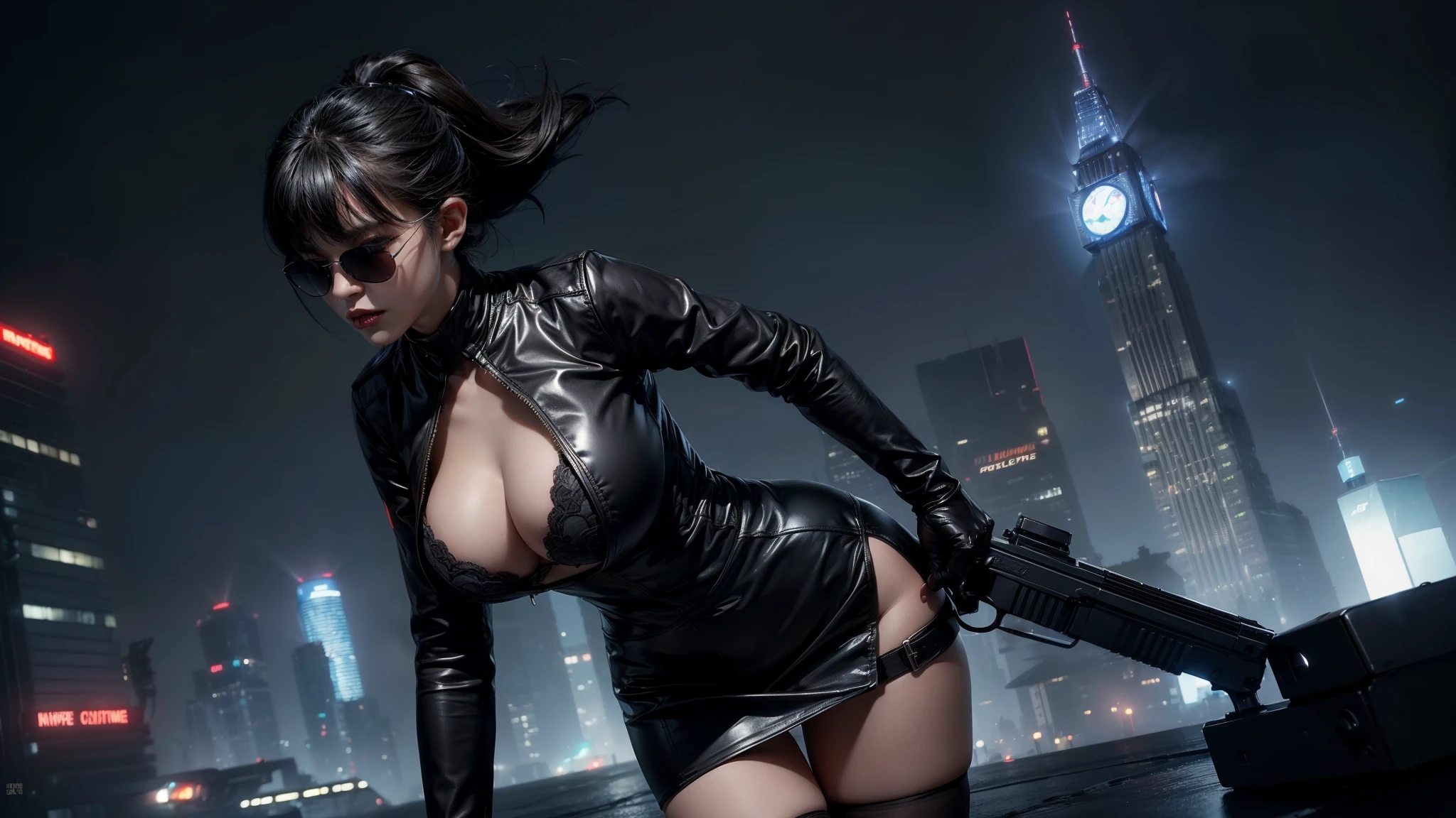 (Wide angle view). Blade Runner style futuristic city, simple outlined neon tall buildings, glowing giant clock tower, flying cars, helicopter, lightning, 3D rendering Beeple. At night, (1girl, solo, alone), photorealistic, medium-breast slim:0.6 body, oval:0.5 face, cleavage:1.1, sexy black laced bra, glove, deep-V, (very low angle view of miniskirt), white laced panty, coat, (Matrix style black micro sunglasses), ((aiming viewer with a short gun)), (running pose), (half-body thigh level close-up shot), cinematic lighting, ray tracing.