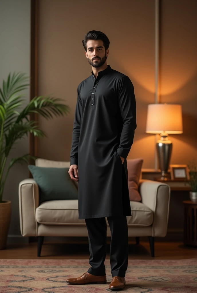 Aesthetic studio full background and a handsome slim Sexy guy is standing after that background wearing black kurta pajama with nice hairstyle from close realistic