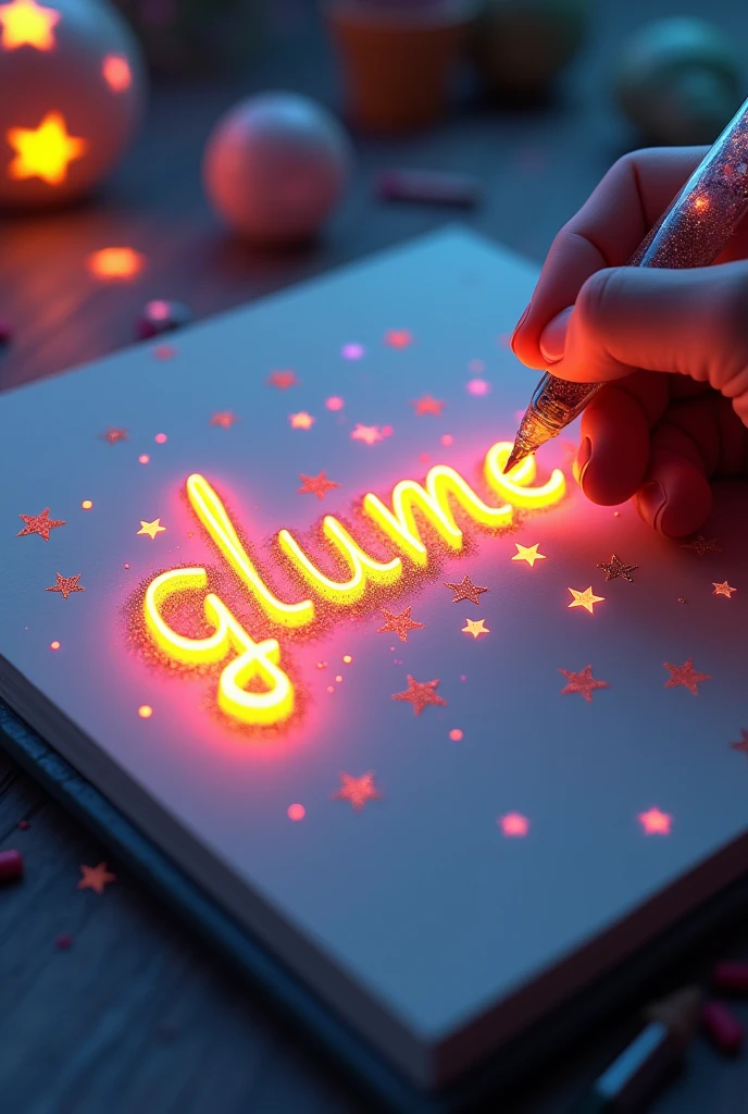 Fascinating, hyper-realistic 16K 3D illustration captures a magical moment of pure creativity. An artist is skillfully depicting a message, "glume", In the notebook. The text is composed of Energetic, The color of the sepia star smoothly transitions across the spectrum. Artist's Hand, Holding a transparent pen filled with bright stars, Exquisite details, Symbolizes unlimited creativity and imagination. The background is a 3D sketchbook setting,Scattered throughout, For this charming, gameffiti-inspired scene. The illustration radiates energy, move, and Energetic colors, Making it a true work of art that celebrates creativity and imagination., game, Movie, Energetic, gameffiti, , typogamephy, product, illustration, photo, 3D Rendering, Fashion, Dark Fantasy