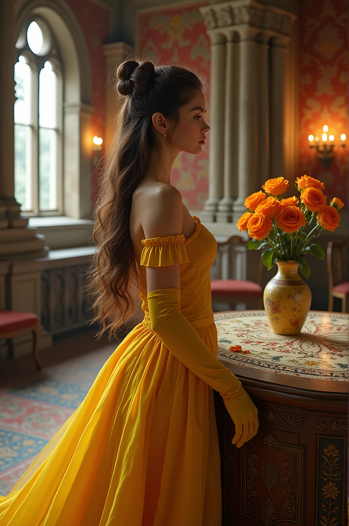 Brown long hair With a bun on top、And then、Let your hair down Wearing a yellow dress Yellow gloves too There is a table behind(On top of that is a bottle of roses) Inside the castle