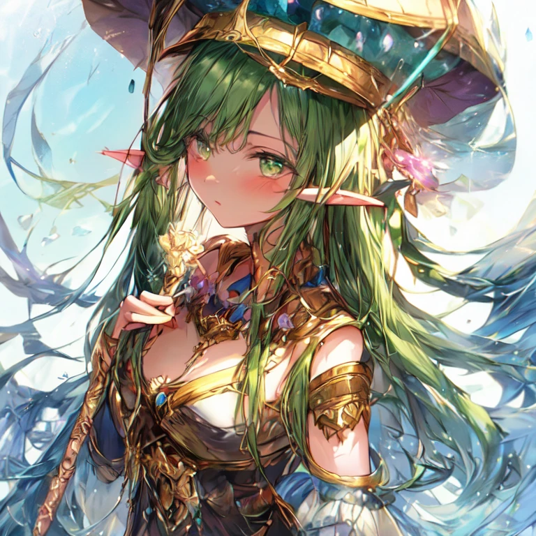 Beautiful elf lolka with long black hair and green eyes medium breasts and a staff UHD, textured skin, super detail, high details, high quality,
