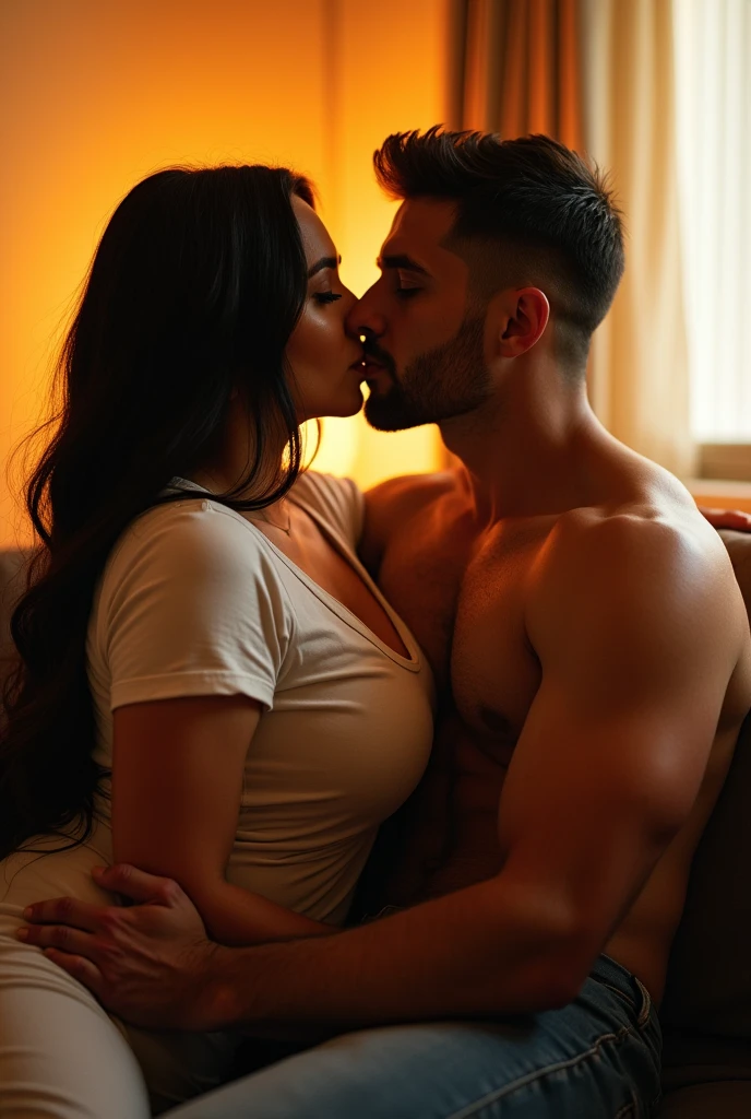 Busty fat woman in only t shirt Showing big cleavage kissing handsome shirtless man on couch , seducing , full body , wide screen shot, bright photo 