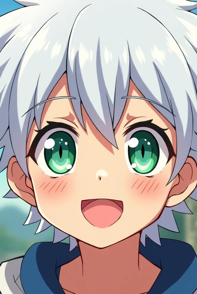 Generates an anime style image of a boy with: by white, green eyes, Pupils occupying 30 percent of the eye in the shape of an 8-pointed white star, have a big smile, with completely white hair