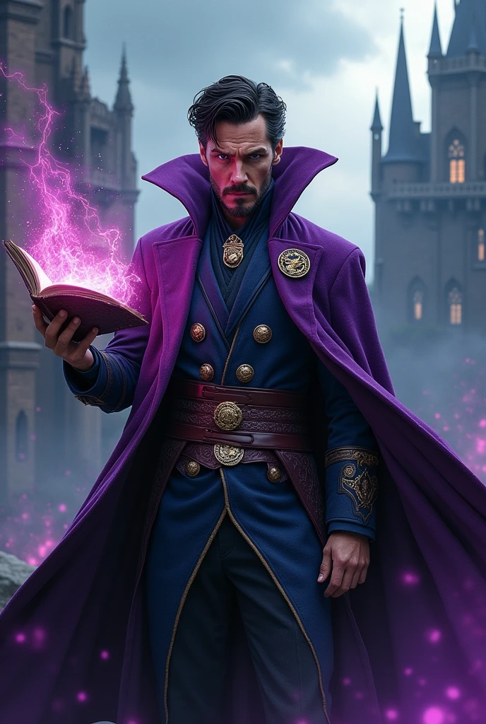 Dr. Strange avec grimoire dans la main , Méchant, , , vêtements noirs avec détails violets, , , les vêtements suivent un style victorien. château dans le paysage. Marvel, benedict cumberbatch