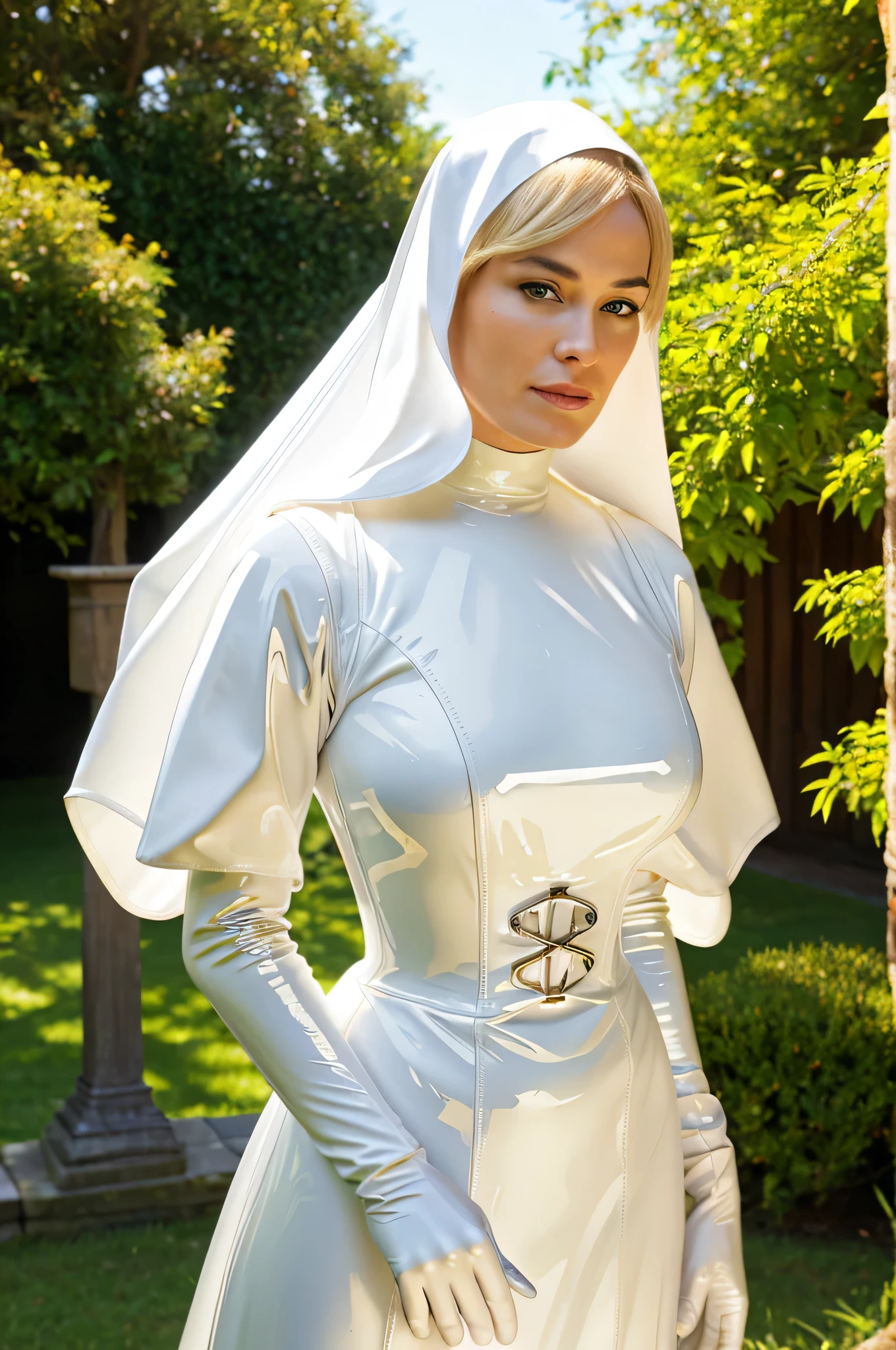 award-winning professional and realistic photo of gorgeous stereotypical fetish nun Cersei Lannister, sunny outdoors, Victorian (latex) fashion, elegant (latex) nun habit with white latex details, latex fetish, latex gloves, fetish latex goddess, elegant long and silky hair, poised posture, busty, detailed textures, sharp focus, ultra-high pixel detail, 16k RAW footage, masterpiece