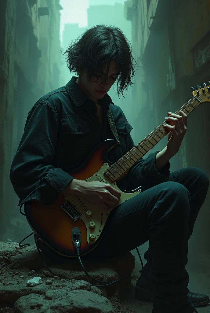 A guitarist playing guitar having drugs