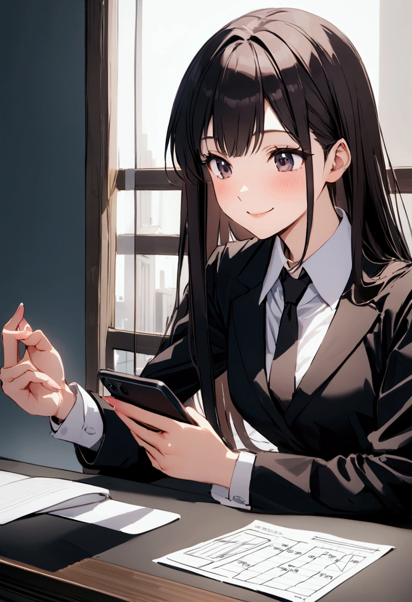 Background of the Stock Investment Chart Japanese 20th Generation woman Have a smartphone Long hair smiling Working