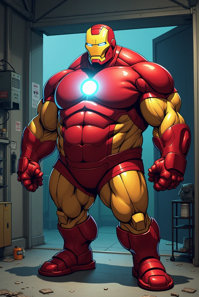 Marvel comics iron man character with iron briefs shirtless with ark reactor on chest . muscular and corpulent.  Garage Fund. American style drawing image hd . Diagonal view 