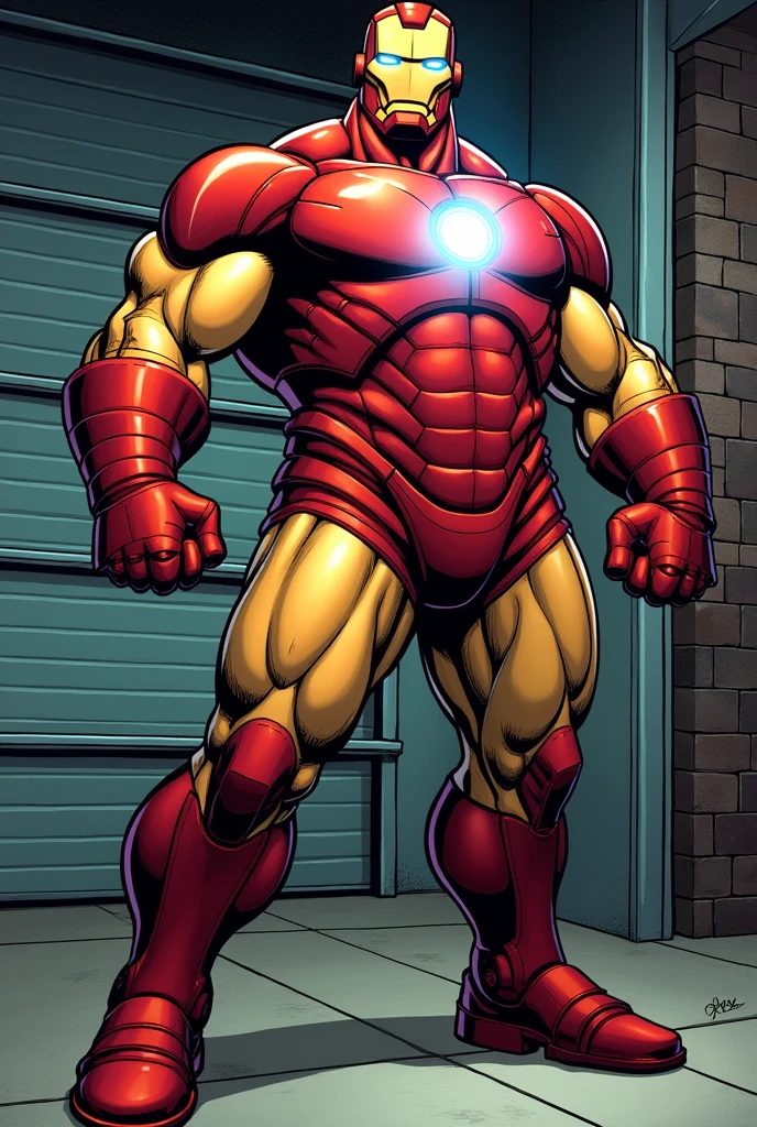 Marvel comics iron man character with iron briefs shirtless with ark reactor on chest . muscular and corpulent.  Garage Fund. American style drawing image hd . Diagonal view 