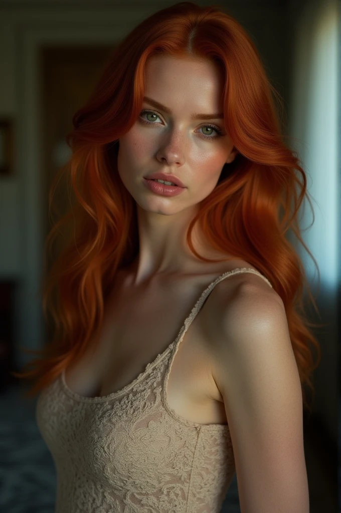 Redhead, skinny female body, cinematic, reality