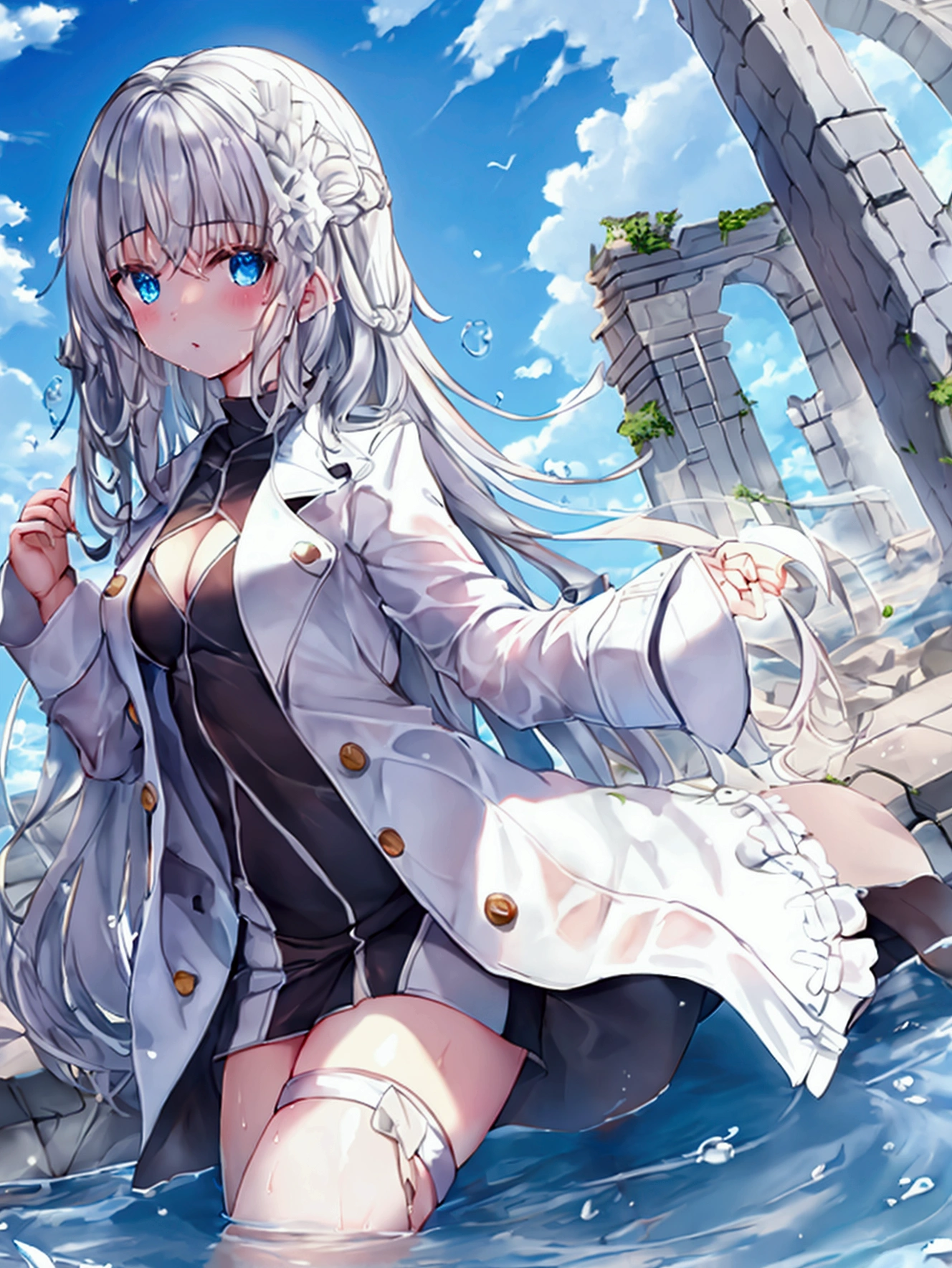 ruins，Girl，White coat，Water ruins，whole body，mysterious