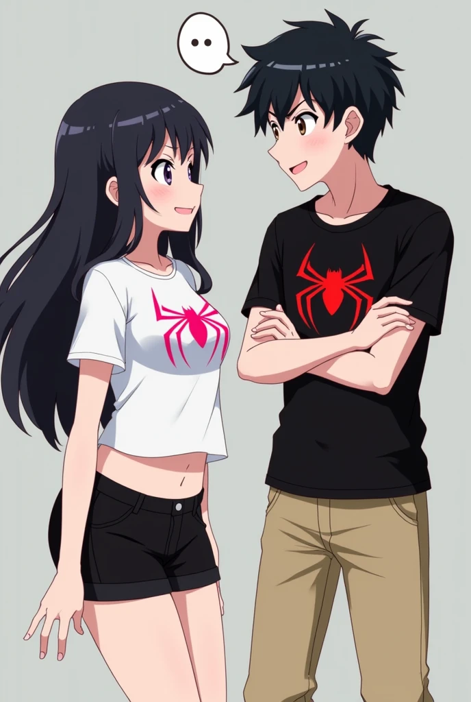 The image you shared shows two animated characters, both with a youthful appearance and an anime style.
The character on the left is a girl with long black hair, dressed in a white t-shirt, with the pink spiderman spider logo, revealing part of his abdomen. besides, He is wearing black shorts. His expression is playful or confident, as she appears to be smiling slightly and looking at the male character.
The character on the right is a boy with short black hair. He is wearing a black short-sleeved T-shirt, It has the Spiderman spider logo on the chest in red, beige long pants. He is smiling and has his arms crossed, suggesting a relaxed and perhaps slightly defiant attitude as he looks at the girl.
The background of the image is simple, with grey and black tones, which makes the characters stand out more.