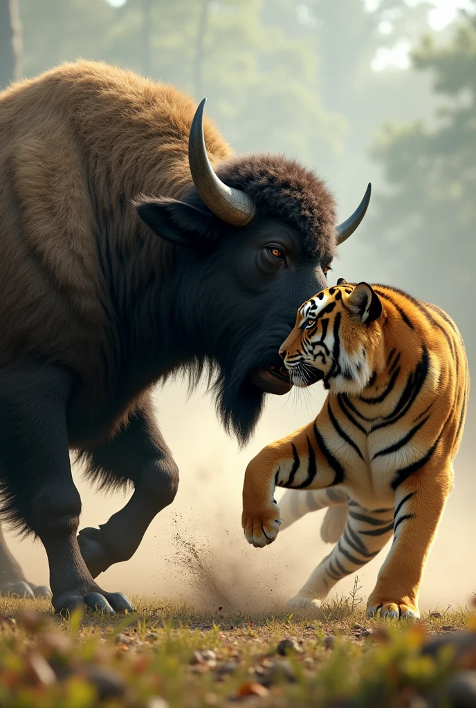 buffalo hitting tiger With its back leg