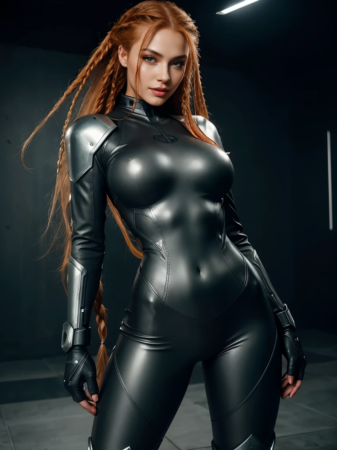 Image of a young woman standing staring at the viewer, wet skin, very long and very curly red-orange hair with several braids gathered on her head, her very long hair falls over her shoulders and her huge , green eyes, long eyelashes, light makeup, pink full lips, gorgeous smile, wide frontal shot, she looks at the viewer smiling, she is wearing an ultra technological combat body suite, two-tone grey and black tight body suite with very advanced technological elements on it, she shows a perfect and toned body, parts of the body suite are armored, voluminous metallic tactical combat gloves, very technological tactical combat high boots, led lights illuminate parts of her structure, hypersexualized futuristic warrior, very large titsg boobs, bs, wide wai wide hips, shapely and muscular legs, very detailed and anatomically correct body shown, photorealistic, detailed facial features,iful eyes, lush lips, explicit, hyper detail very detailed, award-winning, cinematic lighting, dramatic chiaroscuro, masterpiece, elegant pose, evocative, sensual, glowing detailed skin, ethereal, dreamlike, striking, cinematic, dramatic, dark & chiaroscuro, realistic textures, flawless, high quality, vibrant colors, beautiful, stylish, provocative, suggestive, captivating, The scene takes place in a combat zone filled with ancient alien ruins, various dynamic poses.