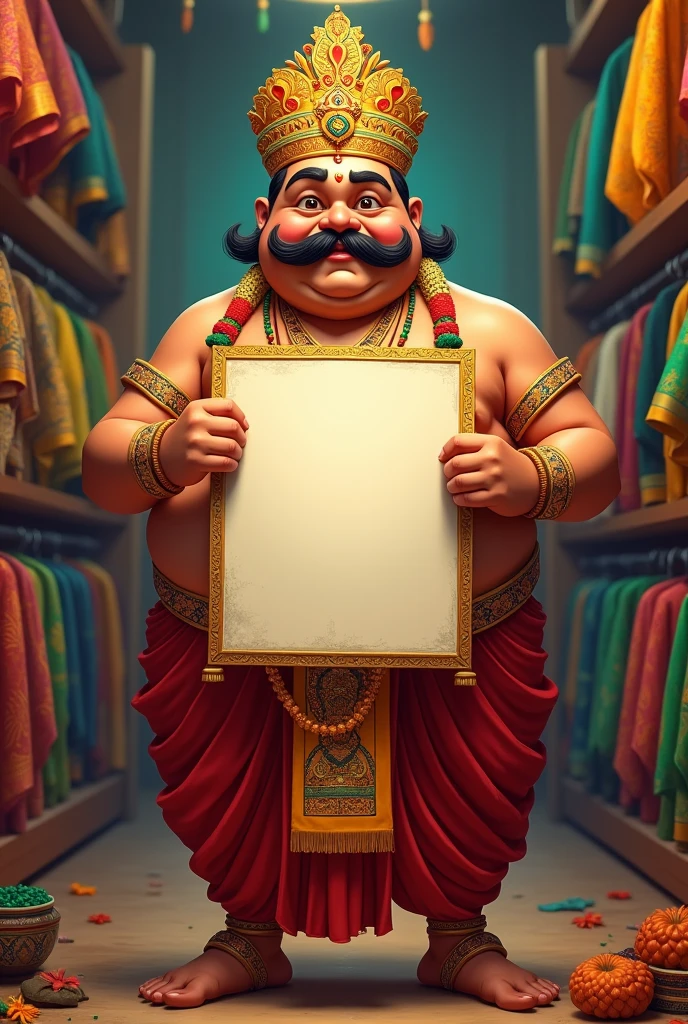 Create an image of Maveli, the Onam king, as a chubby man with only a prominent moustache and no beard. He should be wearing traditional attire, such as a richly embroidered dhoti and a crown. The background is a clothing shop and he is holding a blank poster



