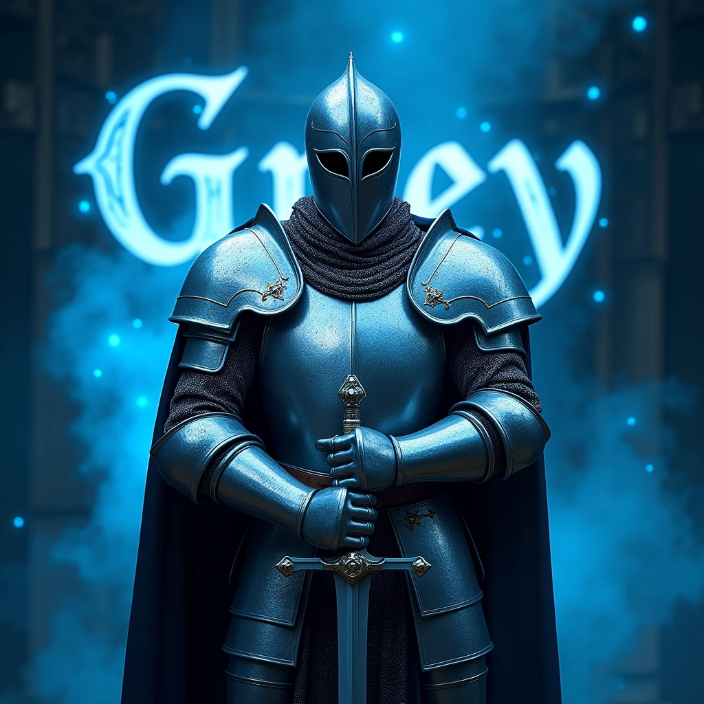 A realistic photograph of a male Templar horseman of English descent, wearing elaborate, shining silver armor and an intimidating helmet. He grips a sword with determination, as vibrant blue glows flicker around him, enhancing his fierce pose. The name "Grey" is displayed prominently in gothic letters behind him, illuminated by the blue glows.