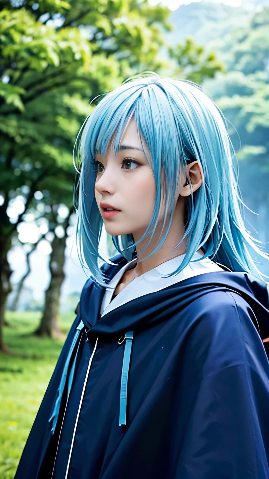 Rimuru=Tempest、Real、Upper Body、landscape、Great Forest、anime、White skin、masterpiece、high quality、Light blue hair、Navy blue cloak、Late Night、darkness、Beautiful Boy、Androgynous beauty、Long hair fluttering in the wind、Strong winds、Clothes fluttering in the wind、Close-up of face、Close-up