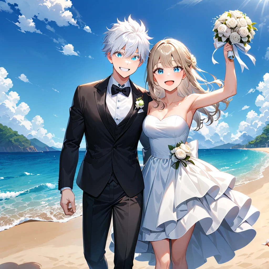 1girl, gojou satoru, dress, smile, blue eyes, 1boy, white hair, long hair, open mouth, outdoors, flower, white dress, bowtie, white footwear, bouquet, grin, husband and wife, formal, strapless, wedding dress, black pants, looking at viewer, day, short hair, black jacket, beach, tuxedo, suit, jacket, holding, bow, pants, armpits, sky, strapless dress, hetero, black bowtie, breasts, bangs, white flower, shirt, white shirt, floating hair, blue sky, black suit, bare shoulders, :d, white rose, black bow, ((medium quality)), ((medium quality))