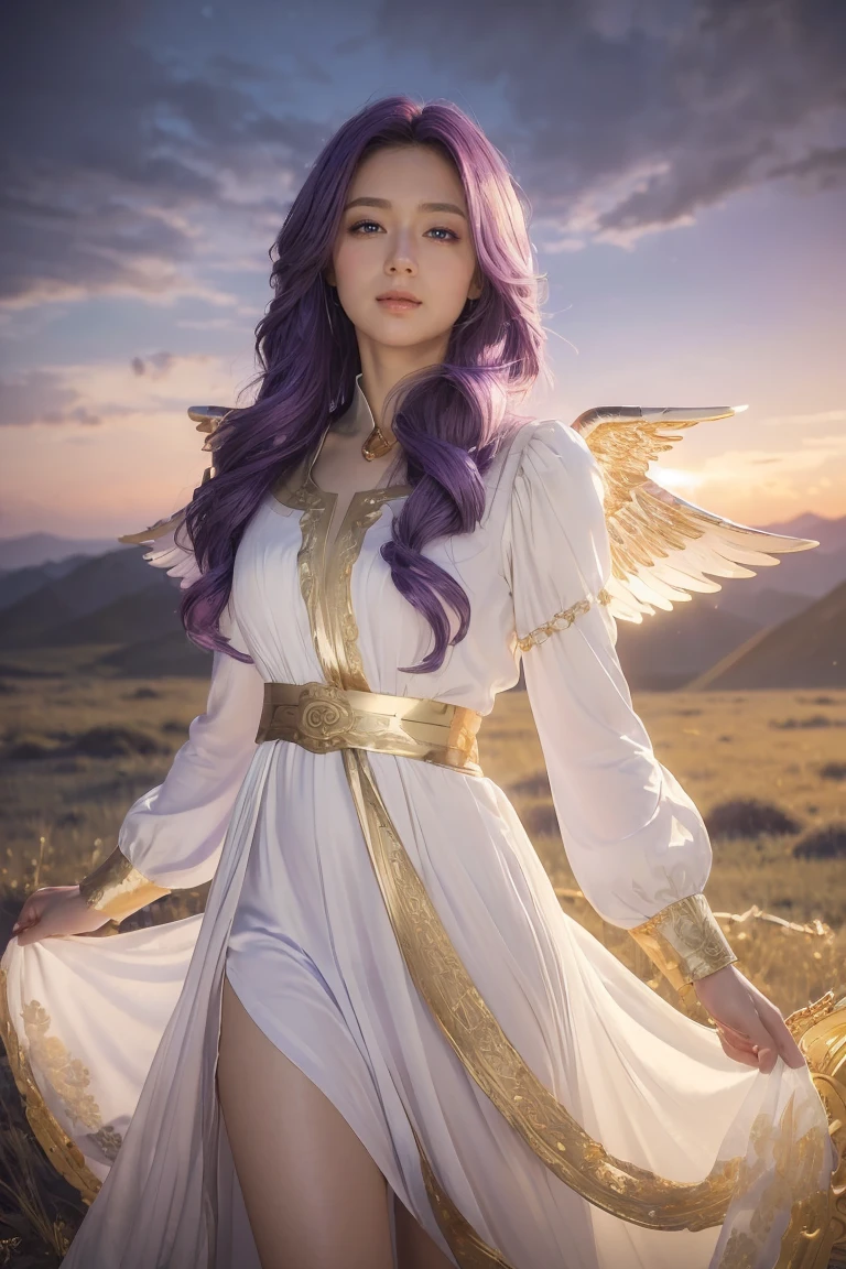 ((Masterpiece, best quality, very detailed), Volumetric light, surrounding occlusion, colorful, glow), 
1 girl, alone, young girl, (purple hair), long hair, radius, Aura, sacred, goddess, Priest Uniform, (White dress with gold details:1.3), angel wings,
outdoor, sunset, sky, cloud, space, (Fantasy Theme:1.2),