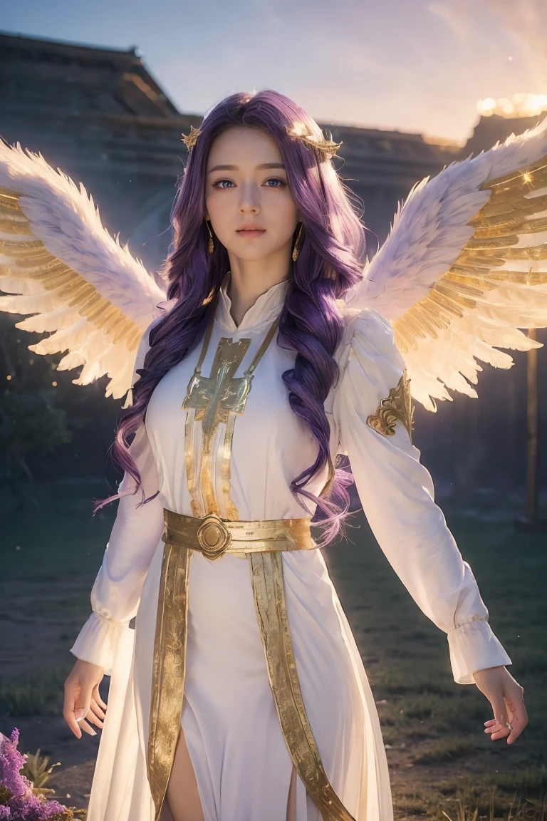 ((Masterpiece, best quality, very detailed), Volumetric light, surrounding occlusion, colorful, glow), 
1 girl, alone, young girl, (purple hair), long hair, radius, Aura, sacred, goddess, Priest Uniform, (White dress with gold details:1.3), angel wings,
outdoor, sunset, sky, cloud, space, (Fantasy Theme:1.2),