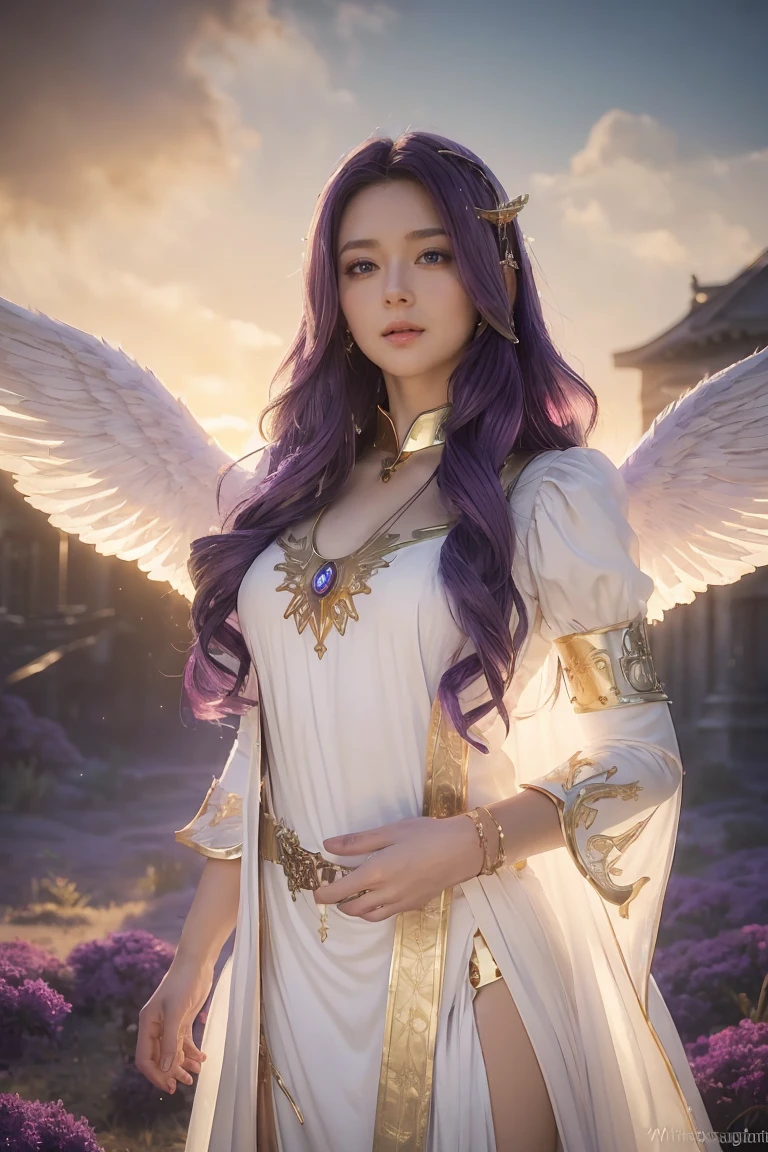 ((Masterpiece, best quality, very detailed), Volumetric light, surrounding occlusion, colorful, glow), 
1 girl, alone, young girl, (purple hair), long hair, radius, Aura, sacred, goddess, Priest Uniform, (White dress with gold details:1.3), angel wings,
outdoor, sunset, sky, cloud, space, (Fantasy Theme:1.2),