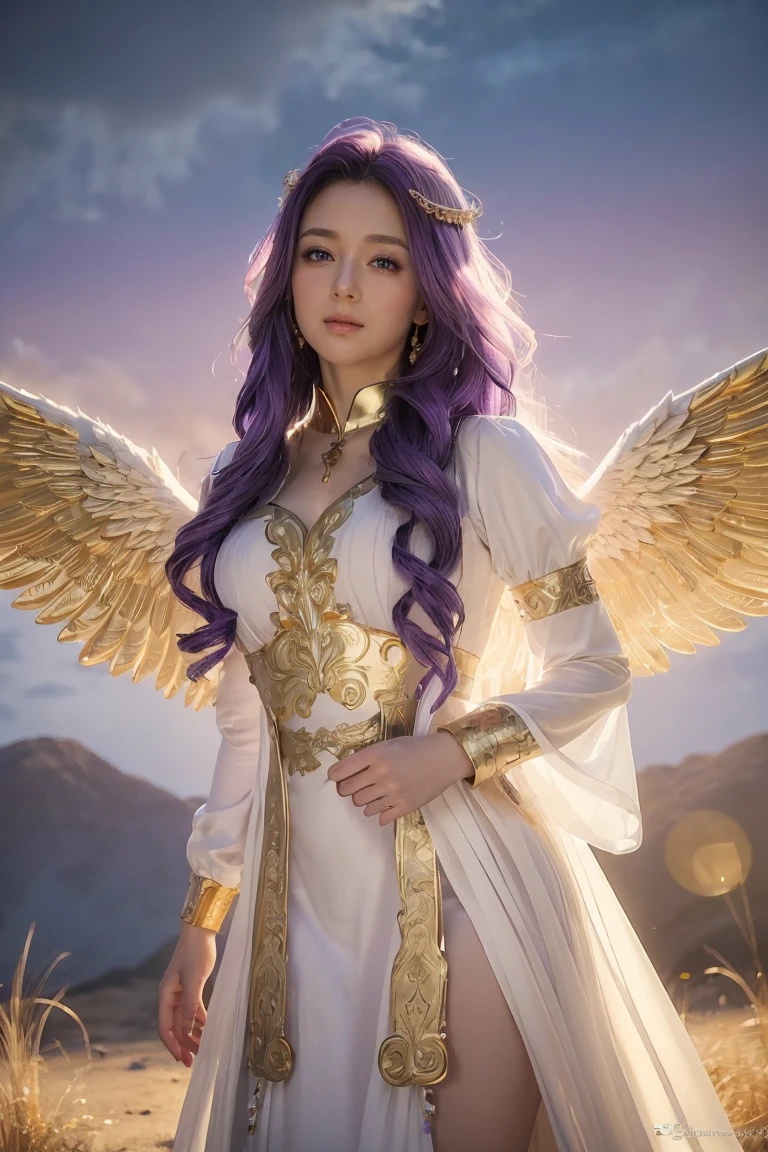 ((Masterpiece, best quality, very detailed), Volumetric light, surrounding occlusion, colorful, glow), 
1 girl, alone, young girl, (purple hair), long hair, radius, Aura, sacred, goddess, Priest Uniform, (White dress with gold details:1.3), angel wings,
outdoor, sunset, sky, cloud, space, (Fantasy Theme:1.2),