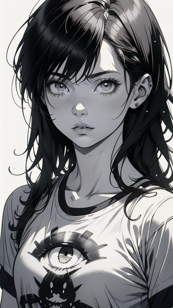 1 boyish girl, solo, sharp eyes, expressionless, monochrome, greyscale, short black hair, portrait, white T-shirt, closed mouth, looking at viewer, graphite \(medium\), detailed lips, hatching \(texture\), without makeup, bangs, upper body, (best illustration), (best quality), (very detailed), (masterpiece), expressionless,