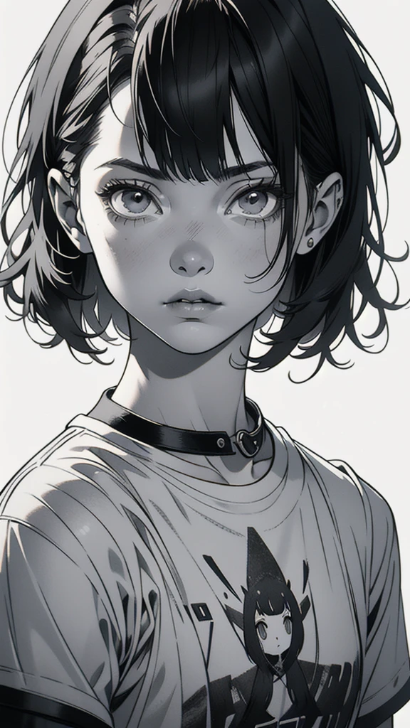 1 boyish girl, solo, sharp eyes, expressionless, monochrome, greyscale, short black hair, portrait, white T-shirt, closed mouth, looking at viewer, graphite \(medium\), detailed lips, hatching \(texture\), without makeup, bangs, upper body, (best illustration), (best quality), (very detailed), (masterpiece), expressionless,