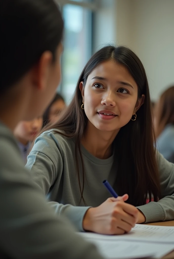 A close-up of the teacher and Mahin, with the teacher’s expression showing empathy and understanding, while Mahin looks relieved and emotional after sharing her story. The background could include classmates showing expressions of sympathy.