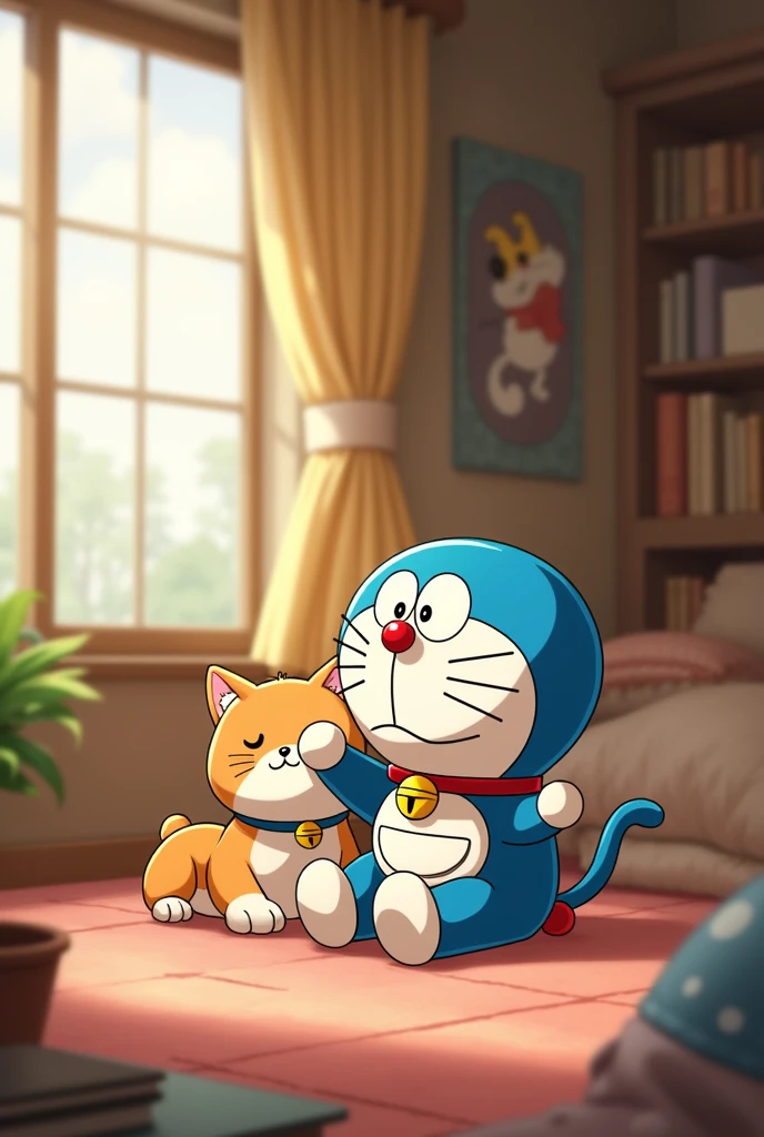Doremon with cat sitting on the room