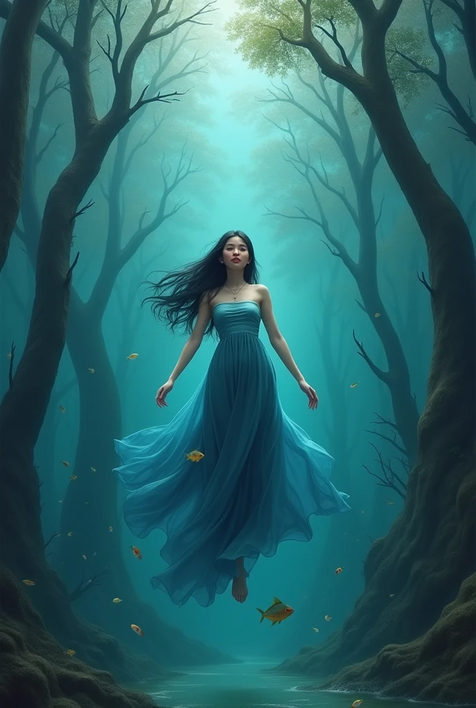 Deep beneath the river, there is a young woman in a light blue tube top Thai dress, a long dark blue skirt, a beautiful face, long black hair, she is swimming happily in the water, there are many small fish, there are many big trees standing dead underwater, oil painting, 3D painting, art painting by Professor Chalermchai.
