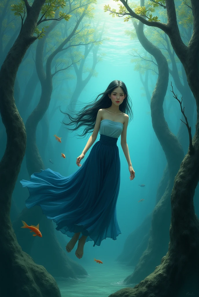 Deep beneath the river, there is a young woman in a light blue tube top Thai dress, a long dark blue skirt, a beautiful face, long black hair, she is swimming happily in the water, there are many small fish, there are many big trees standing dead underwater, oil painting, 3D painting, art painting by Professor Chalermchai.