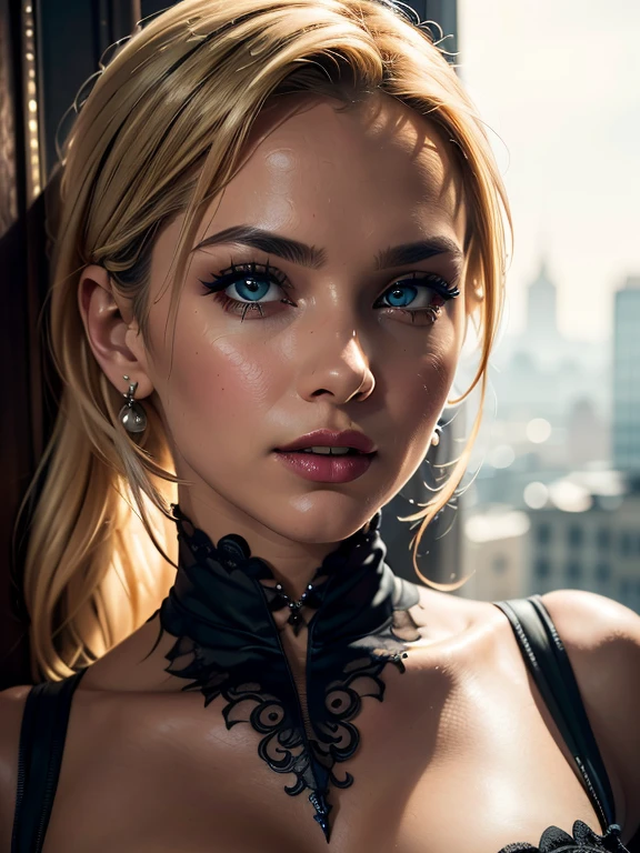 Masterpiece, Cammy, high detail plunging sexy gothic dress, intricately detailed background, (UHD, 8K wallpaper, High resolution), Cinematic lighting, award-winning, extremely detailed skin, extra detailed face, high detail eyes, photo-realistic, Zeiss 85 mm F/1.4, by Ellen von Unwerth