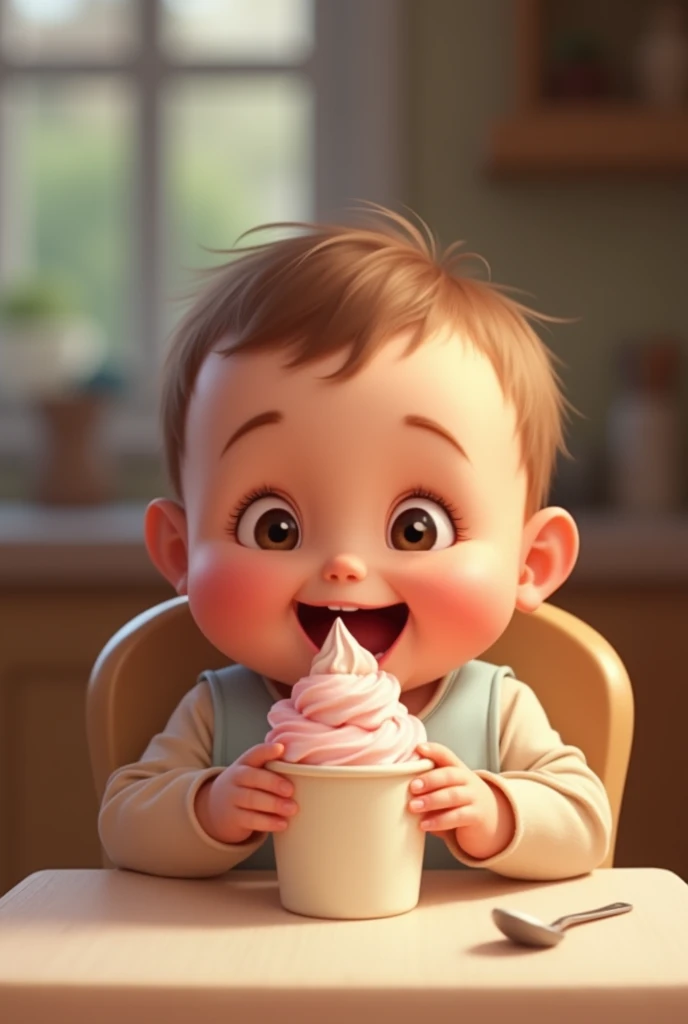 Baby eating icecram with cup